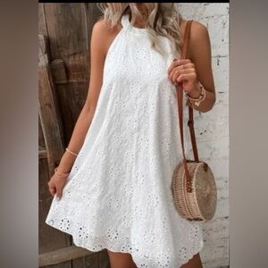 🦋 White Boho Eyelet Pattern Halter Neck Sleeveless Dress! LAST ONE!  NWOT